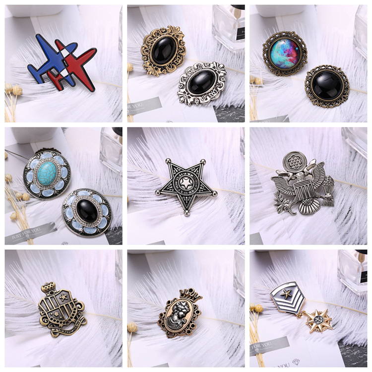 Personalized brooch hot sale wish brooch European and American retro metal medal pin gem enamel oil jewelry manufacturers