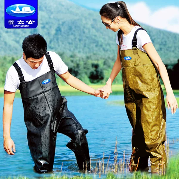 Jiang Taigong black leather water pants PVC double knitted thick durable wading pants fishing pants jumpsuit 85 Silk