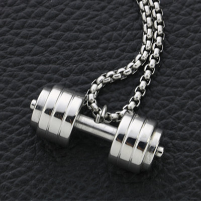 不锈钢潮人霸气学生发型师健美健身举重运动哑铃吊坠钛钢男女项链