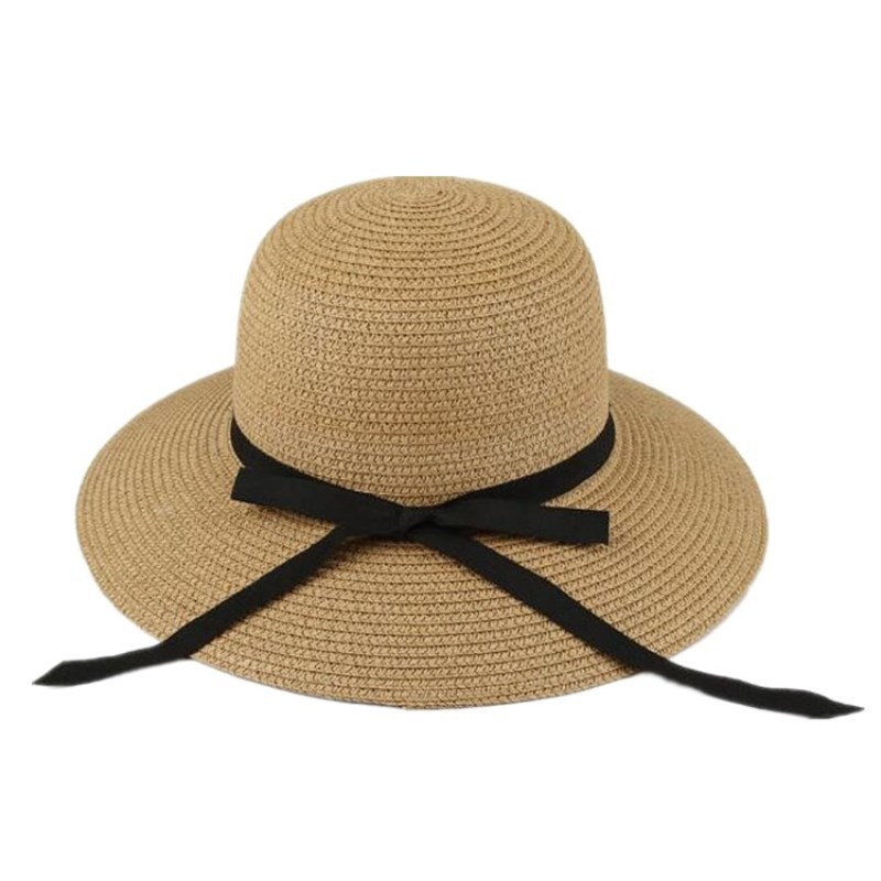 Women's Straw Hat Spring Summer Outdoor Sunshade Breathable Beach Cap With Black Ribbon Bow Casual Streetwear_voghion.com
