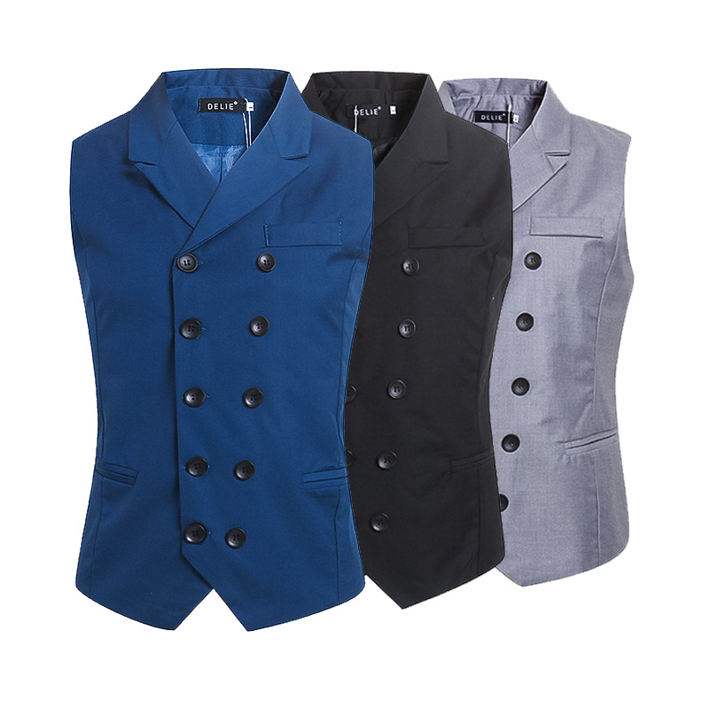 潮男韩版小马甲男修身翻领西服外套双排扣西装领男士马甲9273