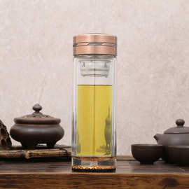 新款双层透明休闲玻璃杯典雅假底茶杯广告礼品商务水杯耐高温杯子