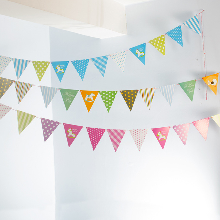 Baby Birthday Party Decorations Cartoon Horse Grid Striped Pull-up Flag Triangle Banner Paper Banner