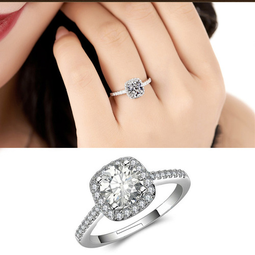 Korean Fashion Square Light Luxury Four Claw Ring for Women Wedding Open Diamond Ring Zircon Crystal Silver Jewelry Ring Wholesale