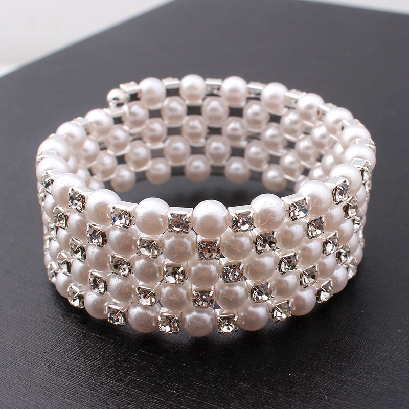 Amazon Bridal Jewelry Full of Diamonds and Pearls Elastic Bracelet Multi-Layered Pearl Bracelet Rhinestone Wrapped Bracelet Wholesale for Women