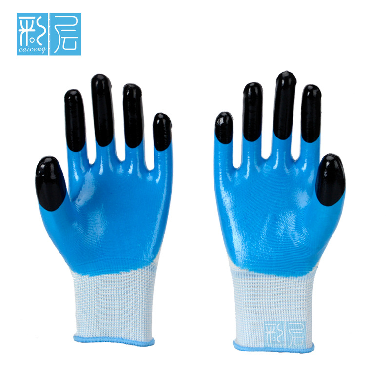 尼龙丁腈半挂加强指防护手套双色透气浸胶防滑耐磨工地劳保手套