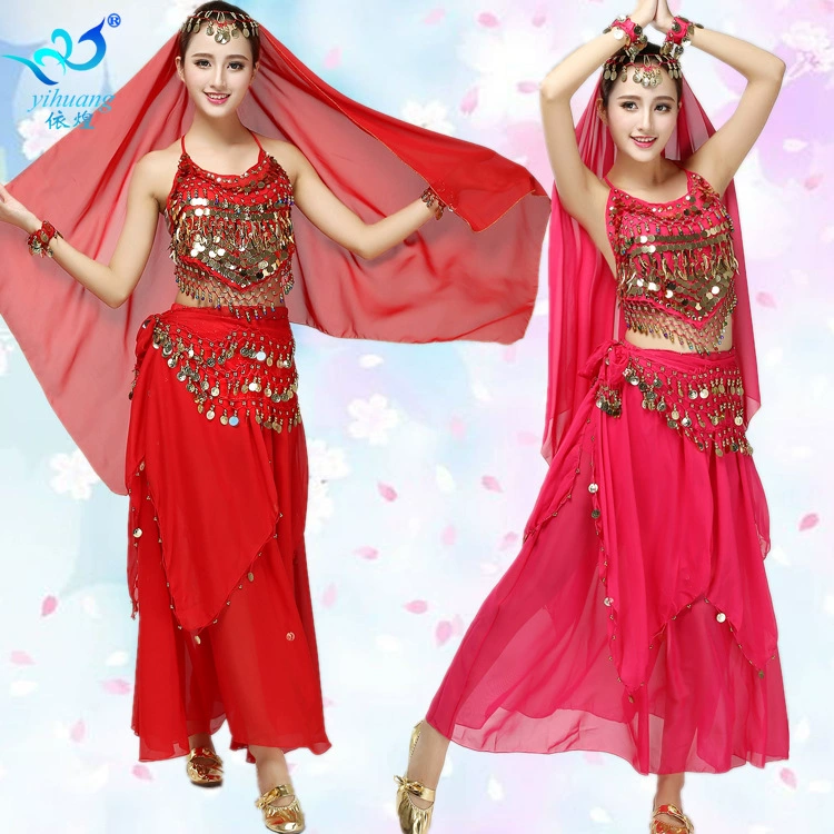 Костюм для танца живота Тренировочный костюм Новый праздничный костюм Индийский костюм Сценический костюм Шифоновое платье с пайетками