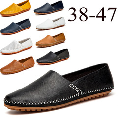 夏季頭層牛皮休閒駕車鞋舒適休閒豆豆鞋套腳商務男鞋跨境38-47碼