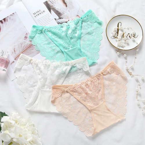 Breathable, seamless, ultra-thin lace sexy women's underwear low-waist hollow lace hip-lifting briefs pants for women transparent