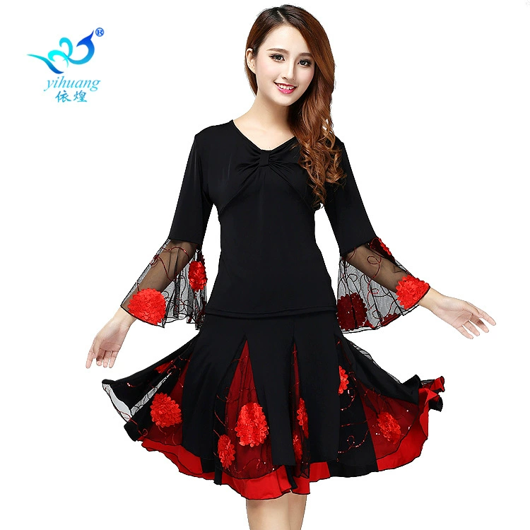 Костюм для квадратного танца Конкурсный костюм Вышитая юбка Костюм с рукавами из рога Костюм для латинского танца Квадратный танцевальный стол