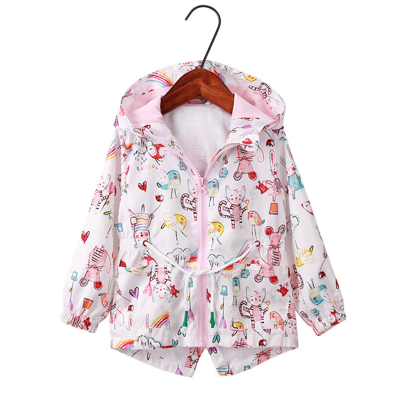 Spring new European and American girls windbreaker waist drawstring cat Mouse graffiti powder jacket jacket jacket