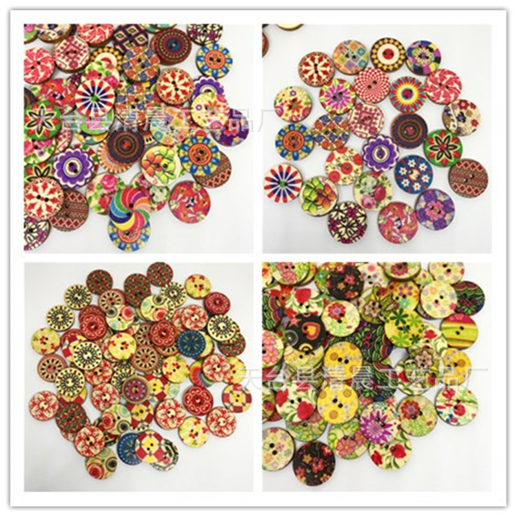 Multi-Color mezclado dos ojos de dibujos animados botón de madera botón redondo vintage impreso botón de madera 100 piezas un paquete