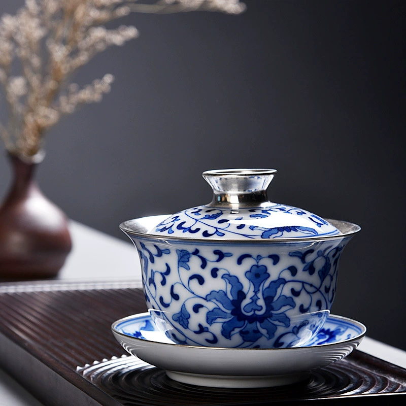 Tea set, blue and white big silver bracelet handmade, 925 sample silver, hand painting