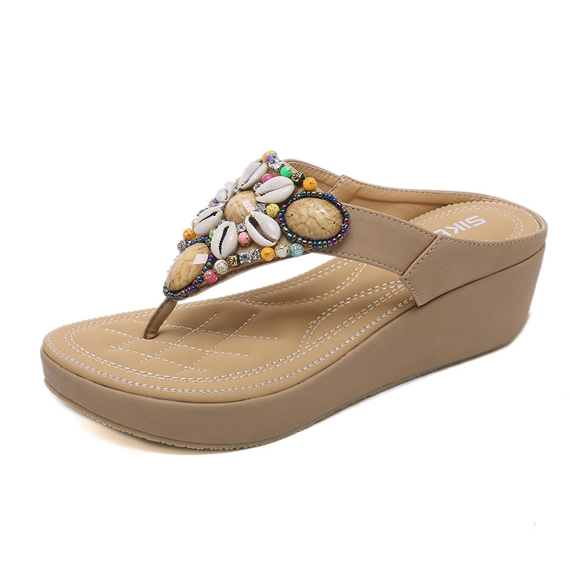 Nuevas sandalias de estilo étnico 2025 para viajes a Tailandia, playa, sandalias bohemias con cuentas retro de tacón de cuña, talla grande