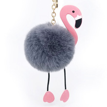 pu皮革火烈鸟鸵鸟造型毛球钥匙扣挂件仿獭兔毛球包包挂件厂家直销