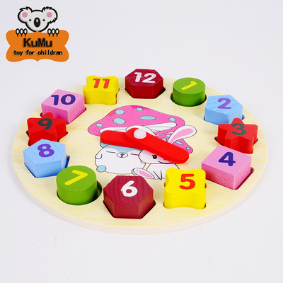 Conejo de dibujos animados reloj fabricante en stock fuente madera forma geométrica juego educación infantil aprendizaje rompecabezas