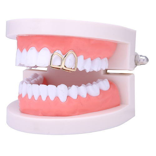 Amazon's New Euro-American Style Teeth Caps: Two Hollowed-Out Shark-Tooth Hip-Hop Gold-Plated Dental Accessories—Hot-Selling Makeup Props & Trendy Jewelry