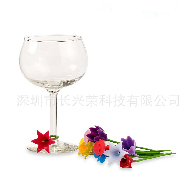 现货硅胶花束酒杯标记  花朵形状酒杯标绑带  花卉形状酒杯标签