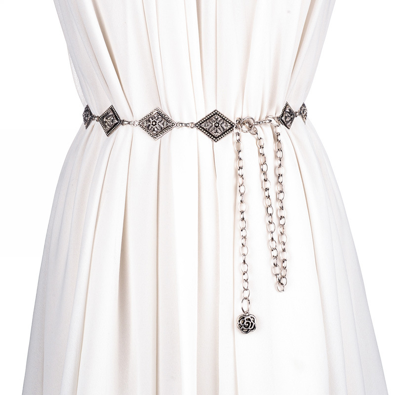 Spring and Summer New Fashion Elegant Ancient Silver Carved Waist Chain Ethnic Women Metal Belt Punk Style Skirt Belt Women