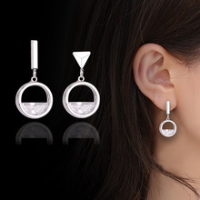 简约耳饰不对称耳环925银针圆形锆石耳坠韩版时尚小清新少女耳钉