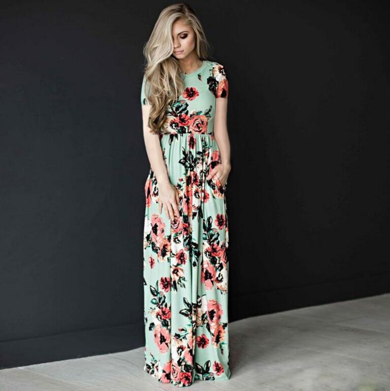 Summer Floral Pattern Dress round Neck Long Sleeve Women's Fashion 2022 Wish Hot Selling Export European American Style Large Stock Available_ecoleips.com
