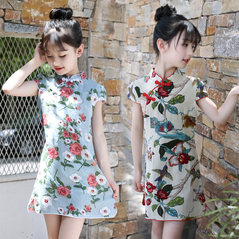 Ladies' Summer Short-Sleeve Embroidered Qipao with Floral Pattern, Cotton Material, Retro Ethnic Style, Children's Performance Dress