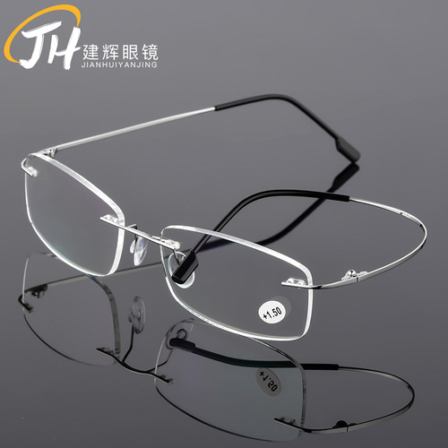 HD folding temples wholesale ultra-light titanium alloy super-elastic floor metal glasses rimless film reading glasses