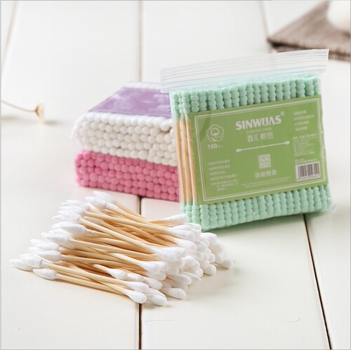 Disposable ear cotton swabs, makeup cleaning wooden sticks, double-ended cotton balls, colorful cotton swabs, 100 pieces