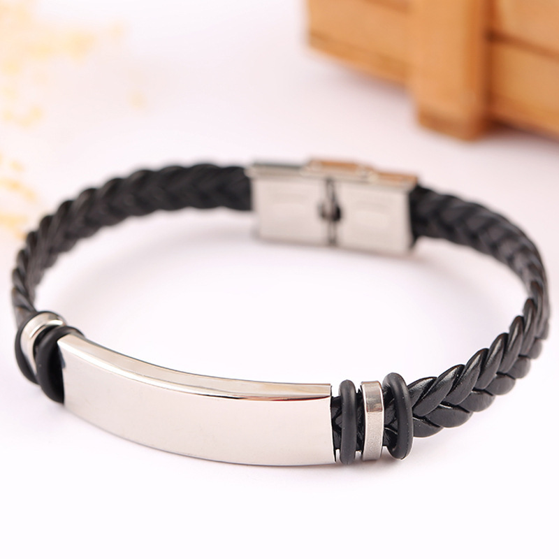 European and American Fashion Men's Retro Braided Rope Titanium Steel Leather Bracelets Exhibition Event Processing Custom Engraved Stainless Steel Bracelets