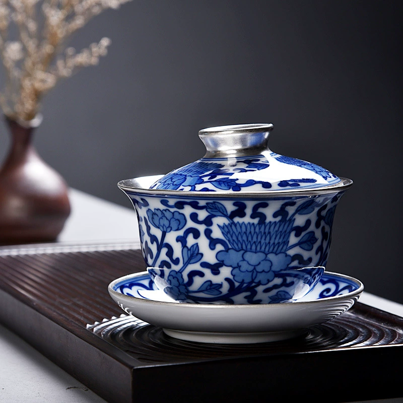 Tea set, blue and white big silver bracelet handmade, 925 sample silver, hand painting