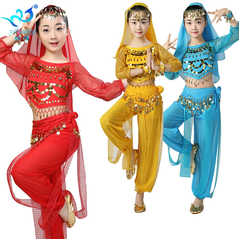 Детский костюм для выступлений с длинными рукавами и пайетками, шифоновый костюм, индийский танец, костюм для танца живота, сценический костюм