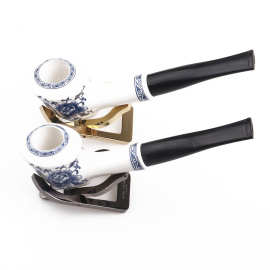 陶瓷烟斗热销160mm青花瓷直柄烟斗 中空设计质量轻不烫手烟具礼品