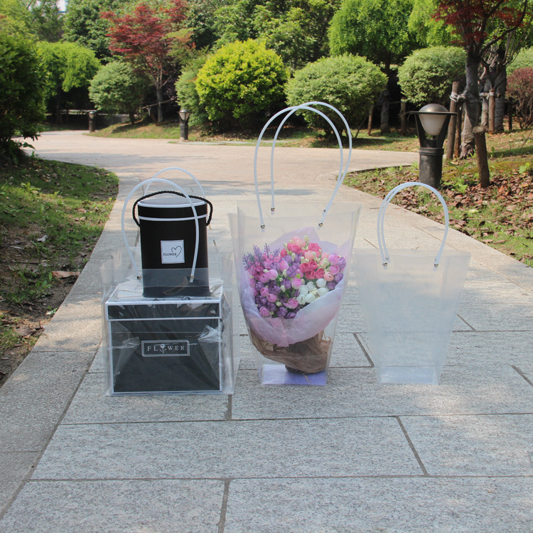 Bolsa de embalaje de flores transparente bolso trapezoidal cuadrado bolso de mango largo ramo de embalaje caja de regalo material de la tienda de flores