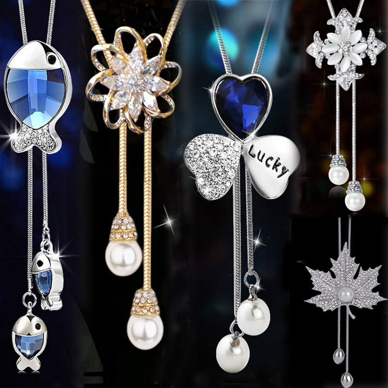 A132韩版水晶花朵毛衣链女枫叶长款项链新款流苏饰品