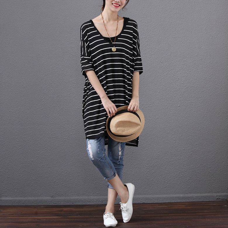 400斤女装T恤条纹蝙蝠袖中长款短袖300斤一件代发日韩特大码
