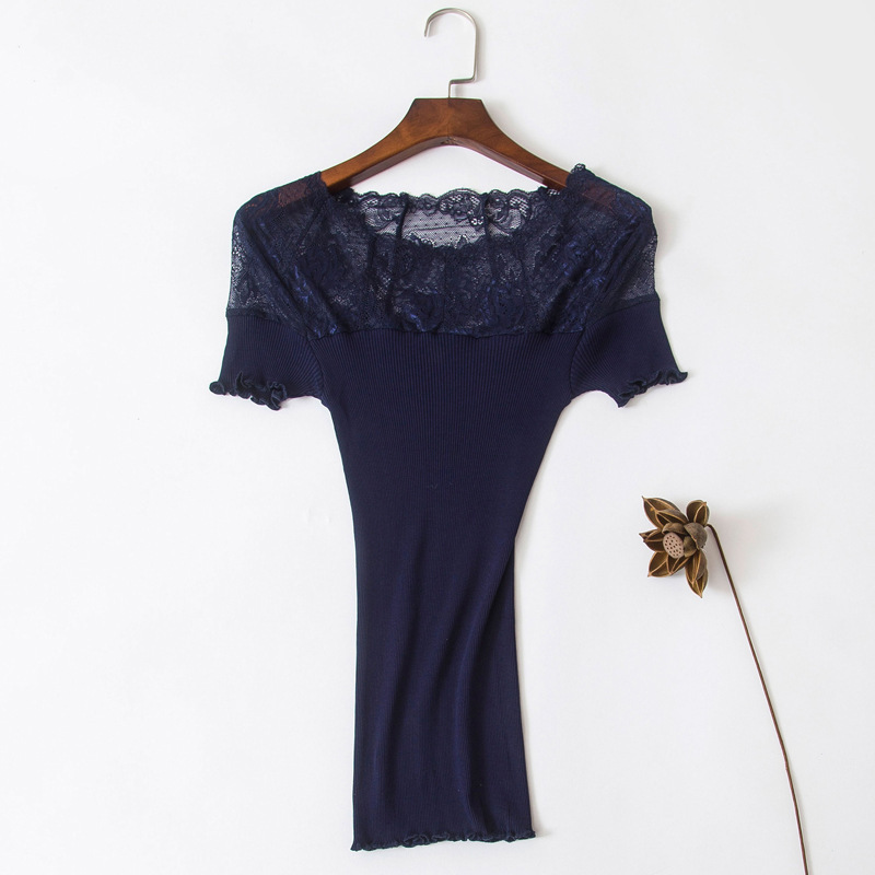 Wholesale Silk Crewneck T-Shirt Women's Short-sleeved Elastic Slimming Lace with Wood-ear Edge Lace Top Thin Summer Wholesale Silk Crewneck T-Shirt Women's Short-sleeved Elastic Slimming Lace with Wood-ear Edge Lace Top Thin Summer