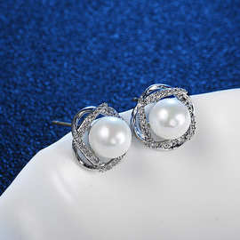 S925银针耳钉女 时尚珍珠个性玫瑰花耳环 锆石气质网红耳饰品