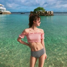 韩国清新可爱木耳边短袖抹胸性感分体泳衣女温泉沙滩度假比基尼