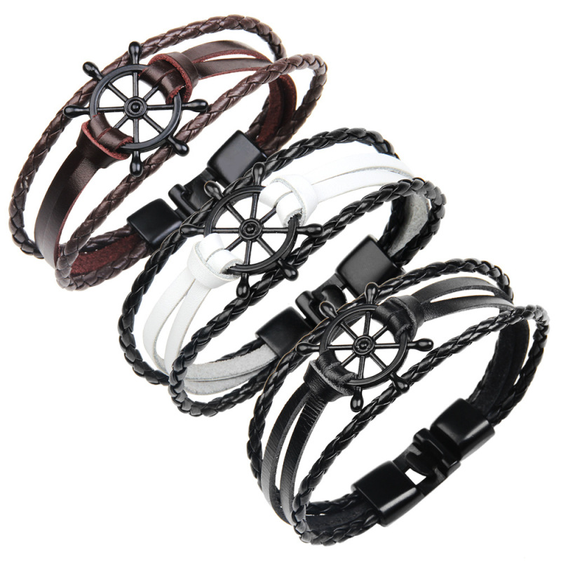 European and American Cross-border Fashion Real Cowhide Bracelet Jewelry Creative Ship Rudder Wheel Bracelet Pirate Ship Anchor Buckle Bracelet European and American Cross-border Fashion Real Cowhide Bracelet Jewelry Creative Ship Rudder Wheel Bracelet Pirate Ship Anchor Buckle Bracelet