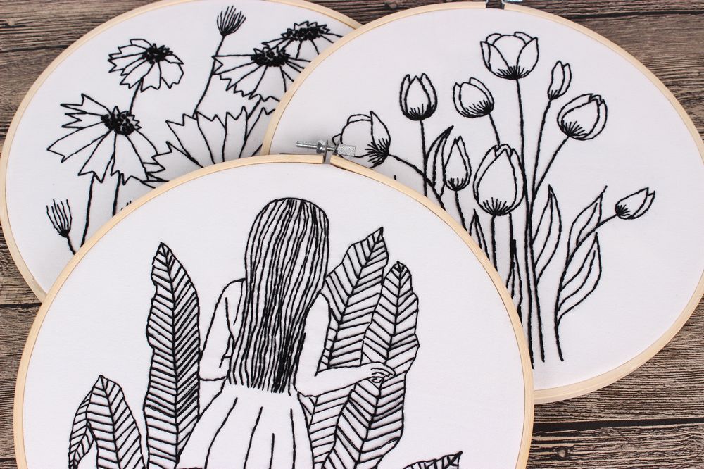 Sketch chica simple pintura hecha a mano DIY tela novato europeo bordado flores y plantas material paquete kit traje de costura