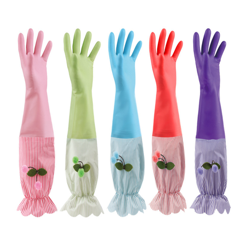 Gants de cuisine en caoutchouc résistants, doublés polaire élastique à volants et à motif grain de raisin, pour le nettoyage de la cuisine et la vaisselle._voghion.com