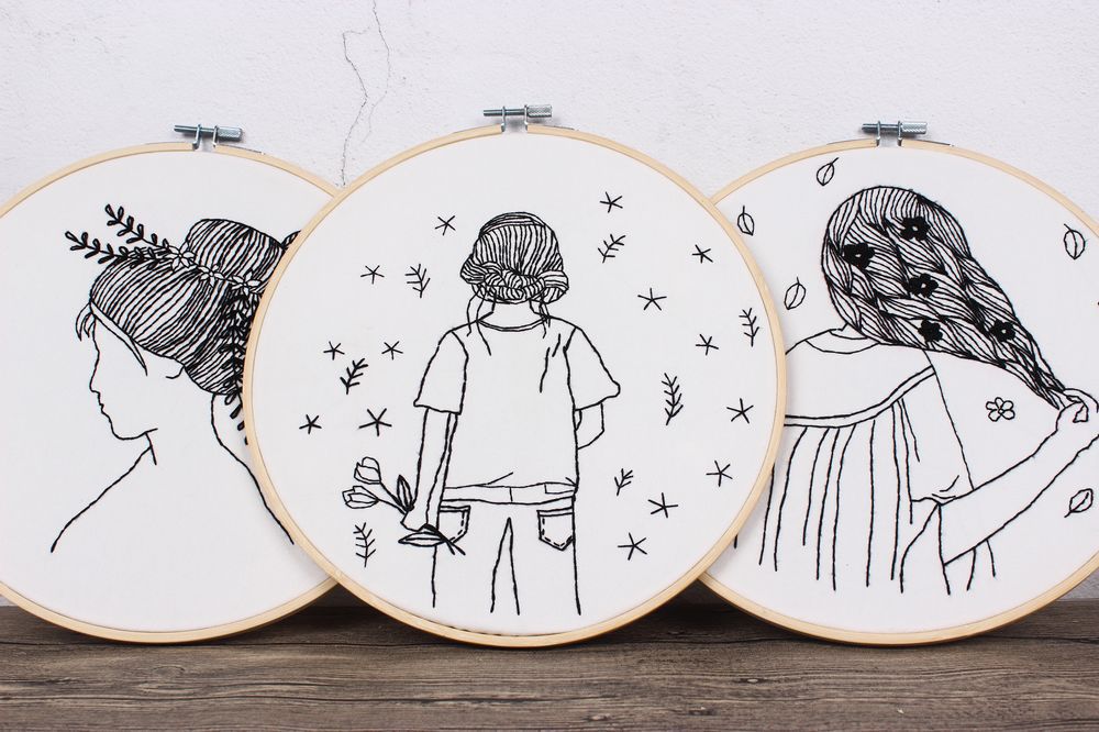 Sketch chica simple pintura hecha a mano DIY tela novato europeo bordado flores y plantas material paquete kit traje de costura