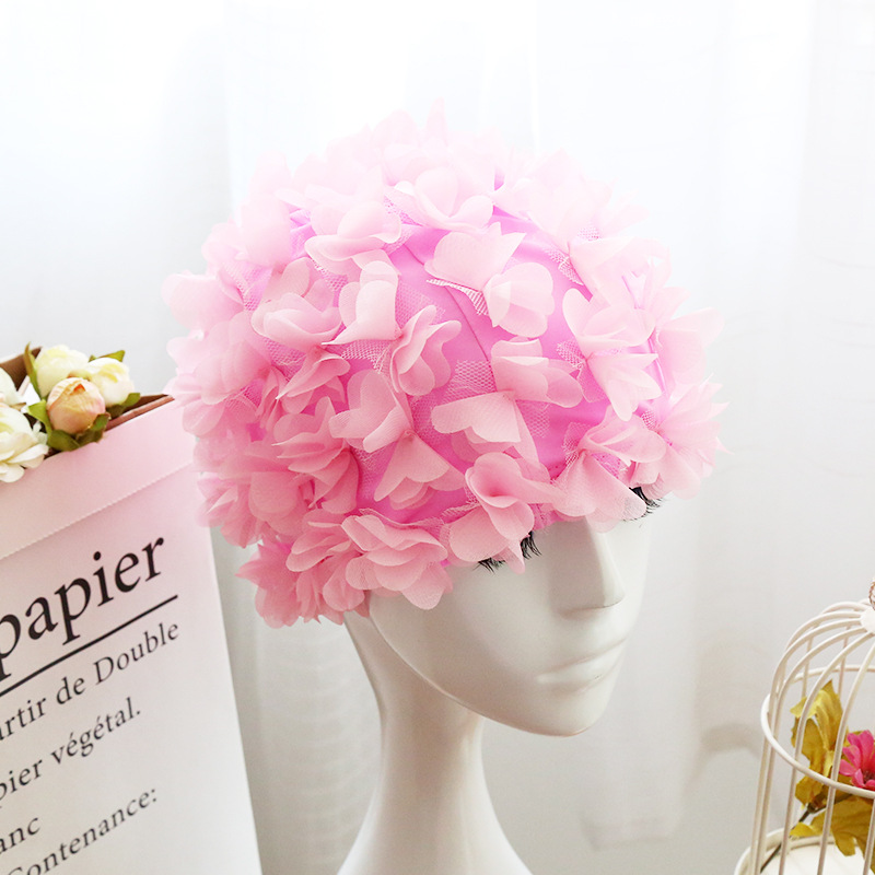 Flor gorro de natación gorro tridimensional pétalo elástico forrado cómodo transpirable de las mujeres de pelo largo gorro de natación