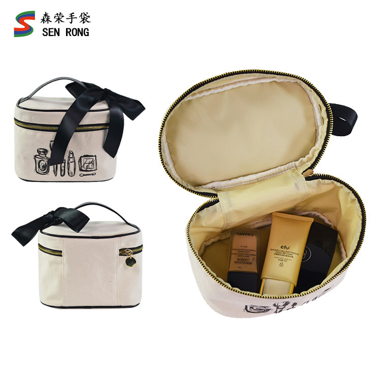 Customized Canvas Bow Ribbon Makeup Bag, Large Capacity Lace Handbag, Linen Printed Toiletry Storage Bag