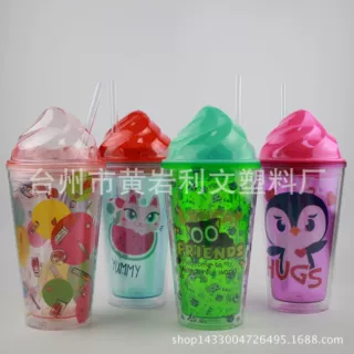 16OZ彩色冰激凌盖吸管杯 PS双层塑料吸管杯 450ML透明带吸管