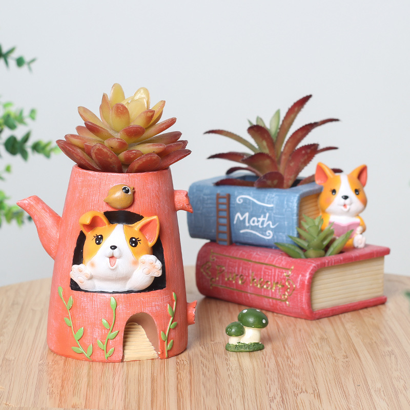 Chậu Cây Resin Chậu cây mọng nước hình chó Corgi resin, chậu mini để bàn, trang trí nhà và văn phòng (RG-143)