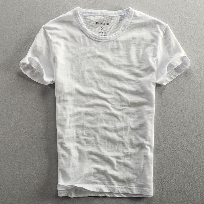 Summer New Men's Casual T-Shirt Thin Breathable Washed Cotton Men's Pure Color Cotton Bottoming Shirt Ins - Rice Flower