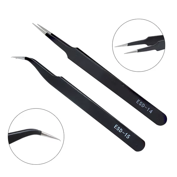 Esd Anti-Static Metal Tweezers Without Edge Pressure Stainless Steel 1.5mm Pointed Straight Head Elbow Manicure Tool Multi-Purpose