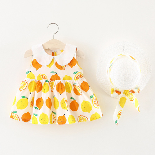 Children's Clothing Wholesale Summer New Girls Solid Color Flower Lemon Skirt with Hat Baby Skirt Agency A304