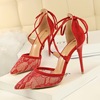 1627-6 European and American Style Sexy High Heels Slim Heels High Heels Shallow Notched Mesh Lace Cross Cut Sandals